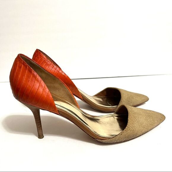 Coach Heels Pointed Toe Tan Burlap Orange Snakeskin Camille Q4508 Size 9.5 - Picture 6 of 14